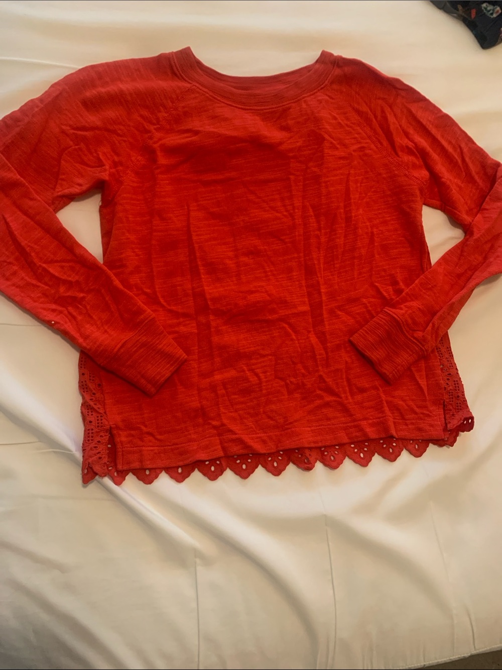 Women’s Red Long-Sleeve Tee with Scalloped Eyelet Back